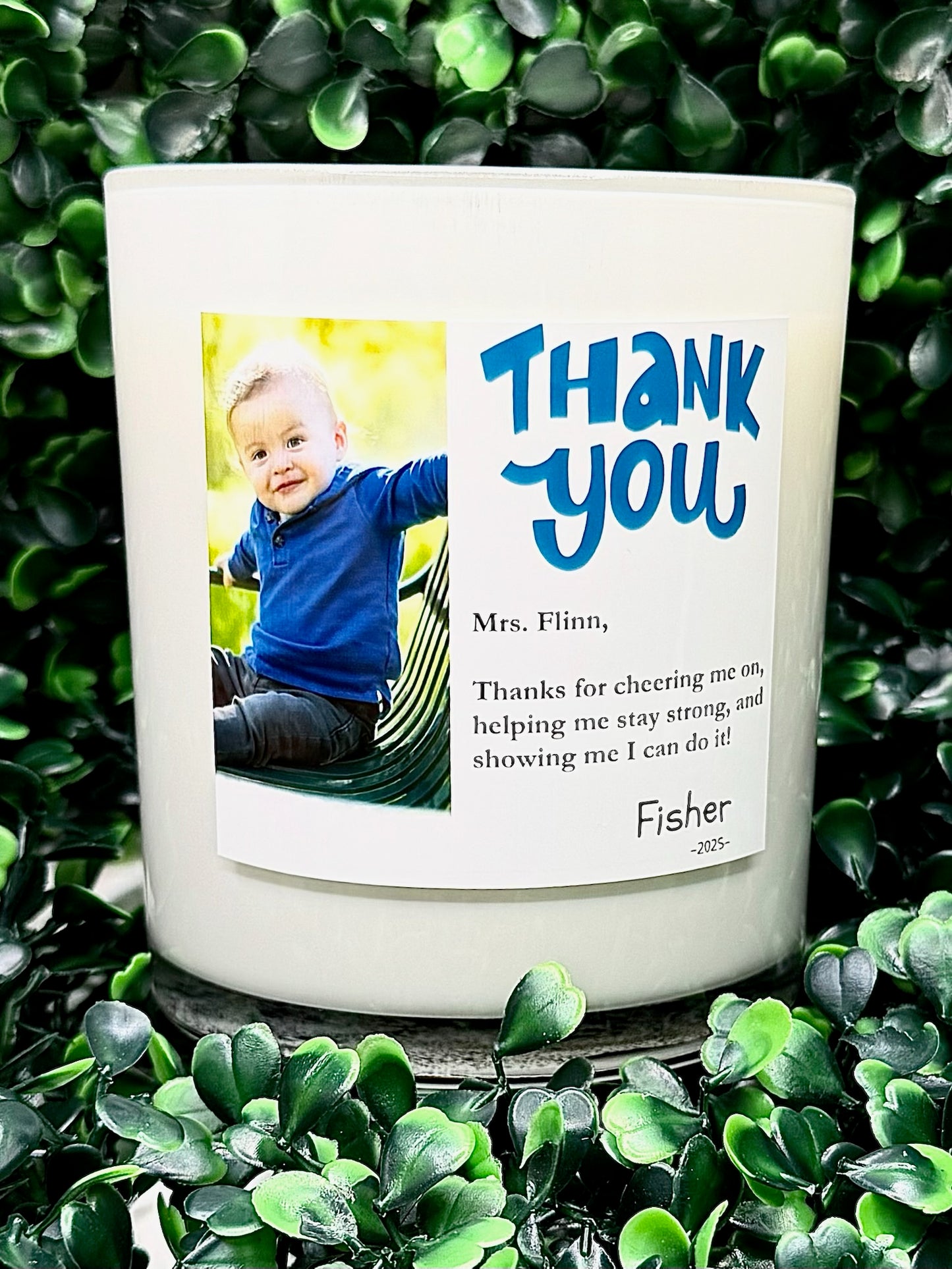 Thank You with Photo (Blue) – Personalized Teacher Gift Candle