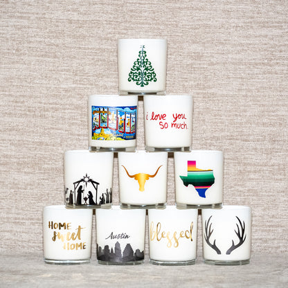 Decal on White Frosted Candle